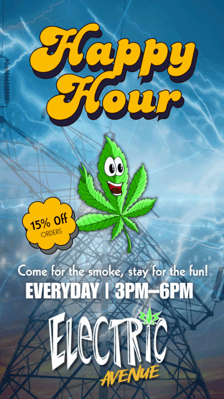 Happy hour every day from 3 pm to 6 pm flyer.