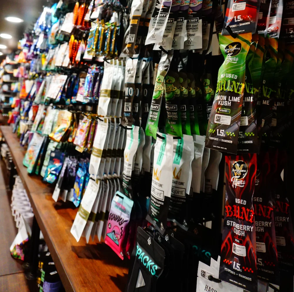 Rack of pre-rolls behind the counter at Electric Avenue.