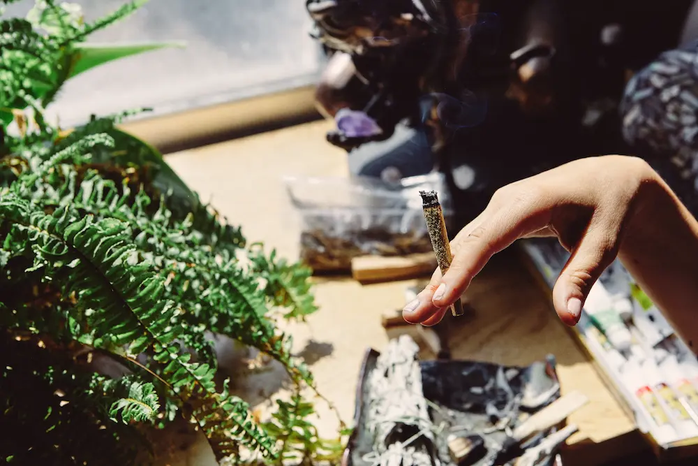 Female artist holding a preroll next to a fern.