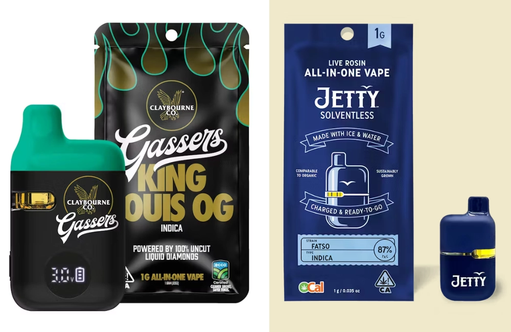 Side-by-side view of Claybourne Co. and Jetty Extracts vape options.