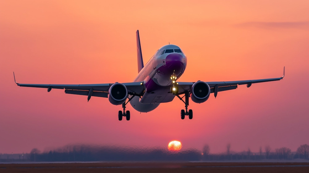 Plane taking off in front of a sunset.