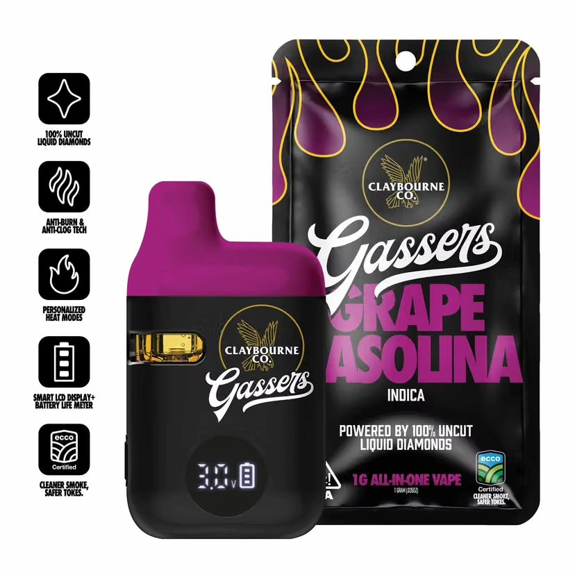 Claybourne Co Gassers Grape Gasolina packaging and AIO vape.